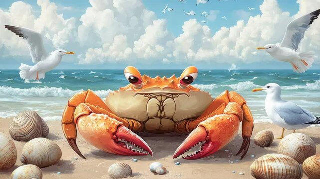 crabs and seagulls are on the beach