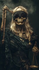 Skeletal figure holding scales of justice, blindfolded.