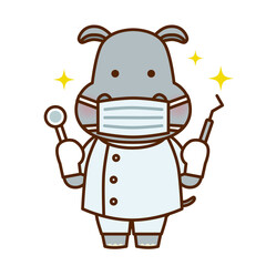 歯医者のかばのかわいいイラスト（マスク・白衣）	
