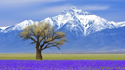 Mountains flowers and the majestic lone tree