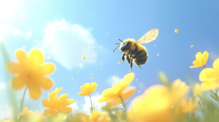 A vibrant bee soars amongst a field of cheery yellow flowers.