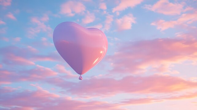 A heart shaped balloon floating in the air with a soft pastel sky in the background - Powered by Adobe