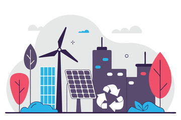 Illustrated Clean Energy Cityscape with Wind Turbine, Solar Panels, and Recycling Symbol for Sustainability