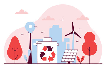 Illustrated Landscape with Recycle Bin, Solar Panel, Wind Turbine, Trees, and City Buildings in Background