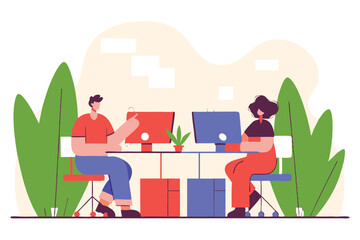Illustrated Man and Woman Working at Desks with Computers and Plants in Modern Workspace