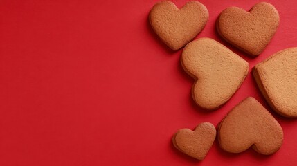 Top view of heart shaped gingersnap cookies on a red backdrop
