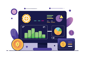 Illustration of a Computer Screen Displaying Data Charts, Financial Symbols, and Currency Coins