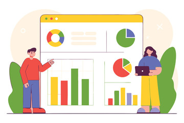 Illustration of Data Analytics Presentation with Bar Graphs, Pie Charts, and Two People