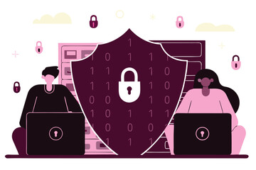 People Working on Laptops Behind a Shield with Binary Code and Padlock for Security