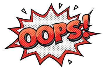 Red Comic Book OOPS! Text with Explosion, Dots, and Triangles on White Background