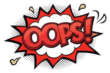 Red Comic Book Speech Bubble with OOPS! Text and Bursting Black Halftone Design