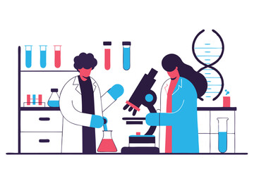 Scientists in Lab with Microscope, Flasks, Test Tubes, and DNA Helix Illustration