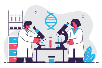 Scientists Analyzing Samples with Microscopes in Lab with DNA Illustration and Test Tubes on Shelves