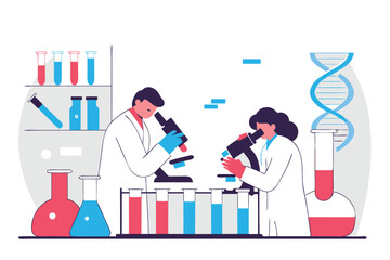 Scientists Researching with Microscopes in Lab DNA Model, Test Tubes, and Flasks Visible