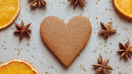 Unique flat-lay of heart-shaped gingersnap cookie surrounded by