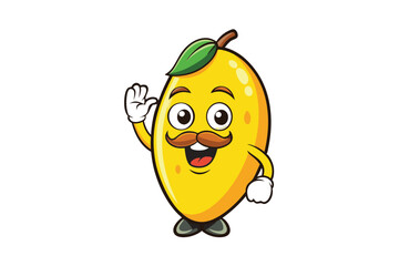 Waving Mango Mascot Cartoon Character with Mustache and Bowtie on White Background