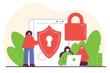 Team Securing Online Data Flat Illustration with Padlock, Shield, and Laptop for Cybersecurity