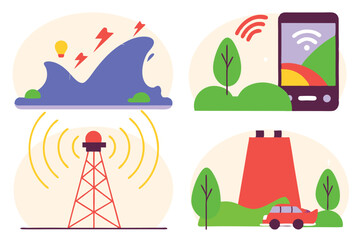 Whimsical Telecommunications Icons Network Tower, Smartphone with WiFi, Tsunami, and Industrial Chimney