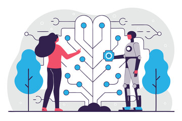 Woman Interacting with Robot Partner Near Neural Network Inspired Diagram, Nature and Technology