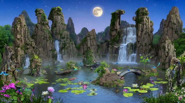 Enchanting moonlit waterscape with rocky cliffs