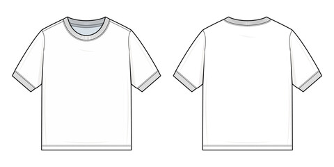 Basic Crewneck T-Shirt Technical Fashion Illustration. Short Sleeve Plain Tee with Regular Fit. Front and Back View. Minimalist Streetwear T-Shirt. Unisex Shirt Vector. CAD Mockup set.