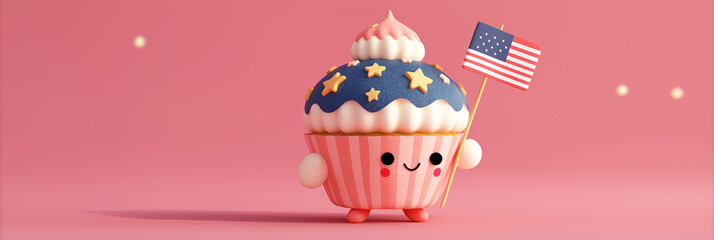 Cute cupcake mascot in kawaii 3D style sporting patriotic frosting and a mini flag pick for festive bakery marketing