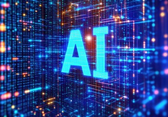 AI Digital grid with the letters "AI" in bright blue, lines of light across grid