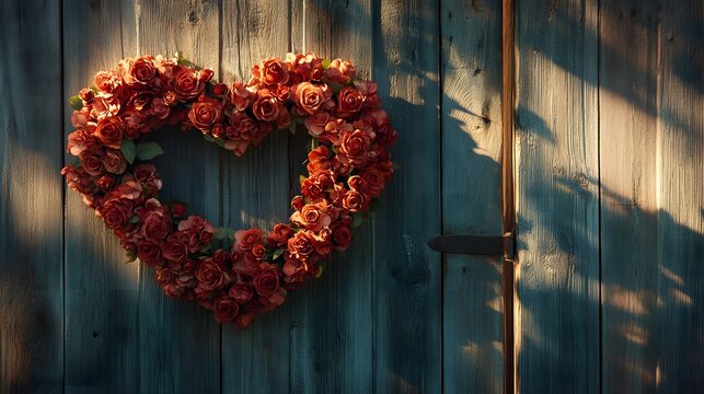 A heart shaped wreath made of roses hanging on a rustic wooden door with soft light streaming in - Powered by Adobe