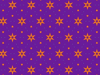 Seamless vibrant pattern with orange stars on a purple background, perfect for textile prints, wallpapers, and various design projects.