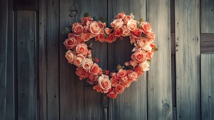 A heart shaped wreath made of roses hanging on a rustic wooden door with soft light streaming in
