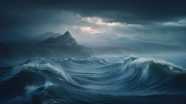 Turbulent ocean meets mountainous coastal landscape