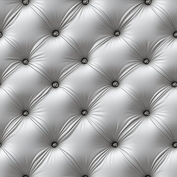 Seamless, pristine white leather capitone upholstery with deep button tufting and polished silver nails, creating a clean and sophisticated texture perfect for luxurious and contemporary backgrounds.