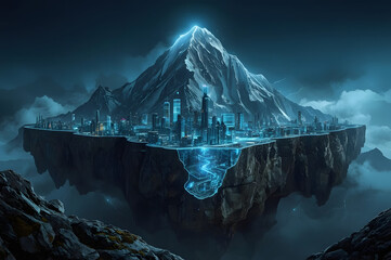 Naklejka premium Luminous Cityscape: A futuristic city nestled on an island, illuminated by vibrant neon lights and towering beneath a majestic mountain peak.