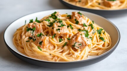 Delicious Bowl of Pasta with Shrimp and Parsley Garnish Served Hot