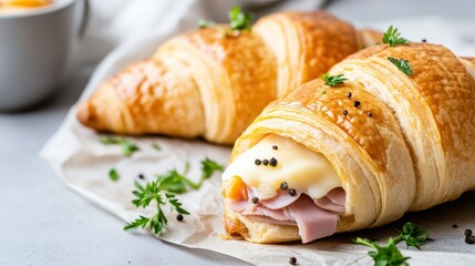 Delicious Close Up of Croissant Filled with Savory Ham and Cheese Delight