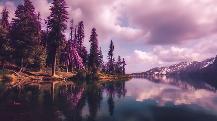 Serene lake reflects mountains and trees