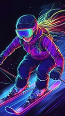 Dynamic depiction of a female skier in vibrant neon colors.