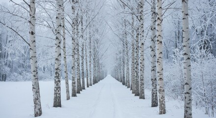 Frozen birch alley shimmering winter wonderland serene snowscape pathway journey