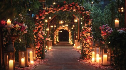 Fototapeta premium A romantically illuminated pathway leading to an event location