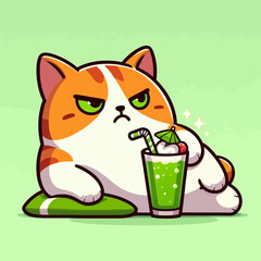 Cute Grumpy Cat Drinking Smoothie – Cartoon Vector Illustration