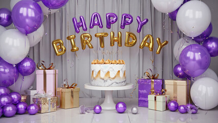 Happy Birthday Celebration with Balloons, Cake and Gifts