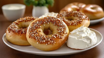 Delicious Plate of Fresh Bagels Topped with Cream and Sprinkles for Breakfast