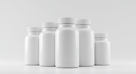 Blank white plastic bottles in various sizes.