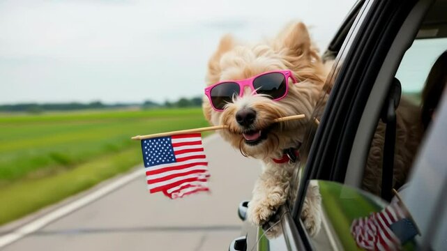 Happy dog with sunglasses holding an american flag out of a car window