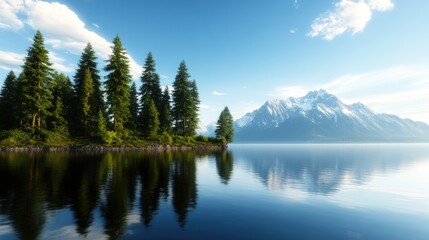 Fototapeta premium Tranquil lake and mountain landscape with evergreen trees reflection