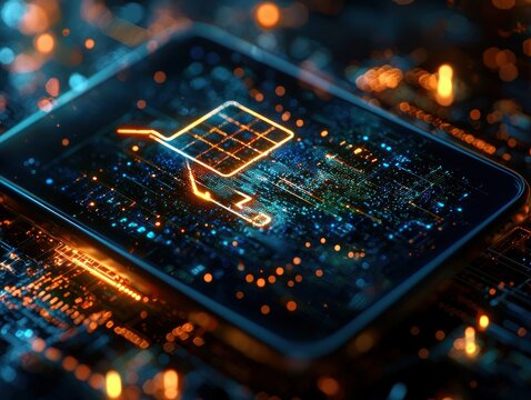 Digital shopping cart icon on a circuit board - Powered by Adobe