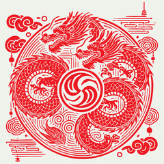 Red Chinese dragon surrounded by cloud motifs and ornate circular frame in traditional mythical illustration. Culture concept
