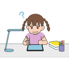 机でタブレット学習する女の子　わからない