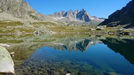 Obraz premium A serene alpine lake reflecting majestic mountain peaks.