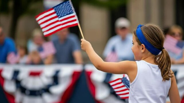 A young girl proudly holds an american flag at a patriotic parade